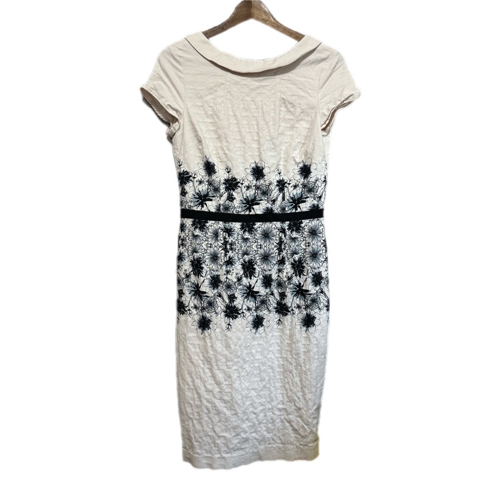 DE Collection Sheath Dress Women M Ivory Black Excellent Floral Peter Pan Collar